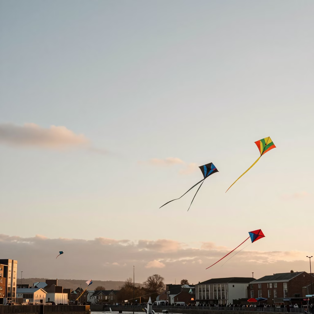 Colorful Kite Festival in Bristol Early Morning Sky Over Harbourside in in Bristol, United Kingdom