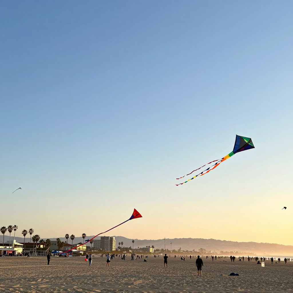 Colorful Kite Festival in Santa Monica with Flying Kites Against Sunset Sky in in Los Angeles, California, United States