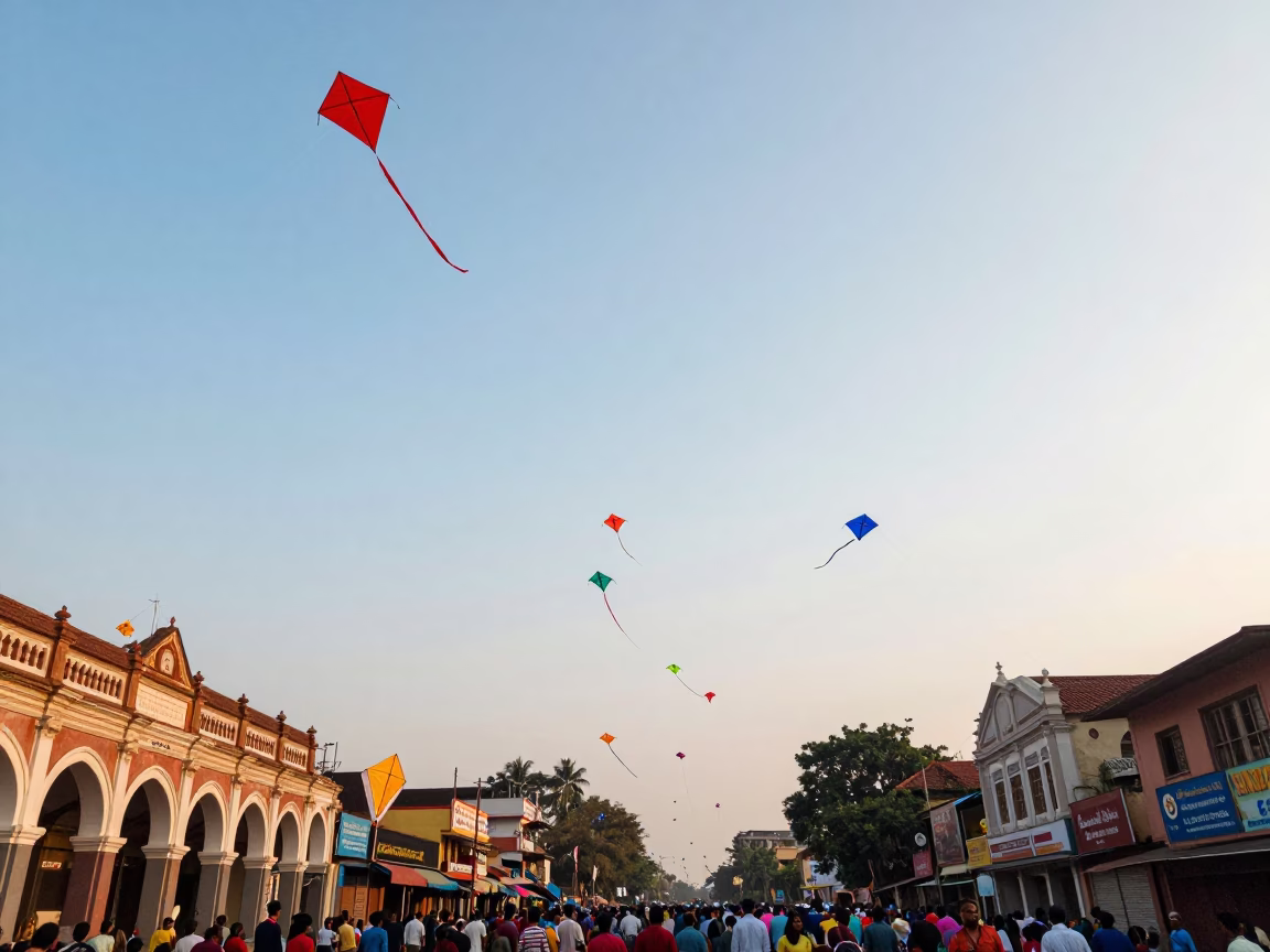 Colorful Kite Festival Sky Over Chennai India Late Morning Street Scene in in Chennai, India