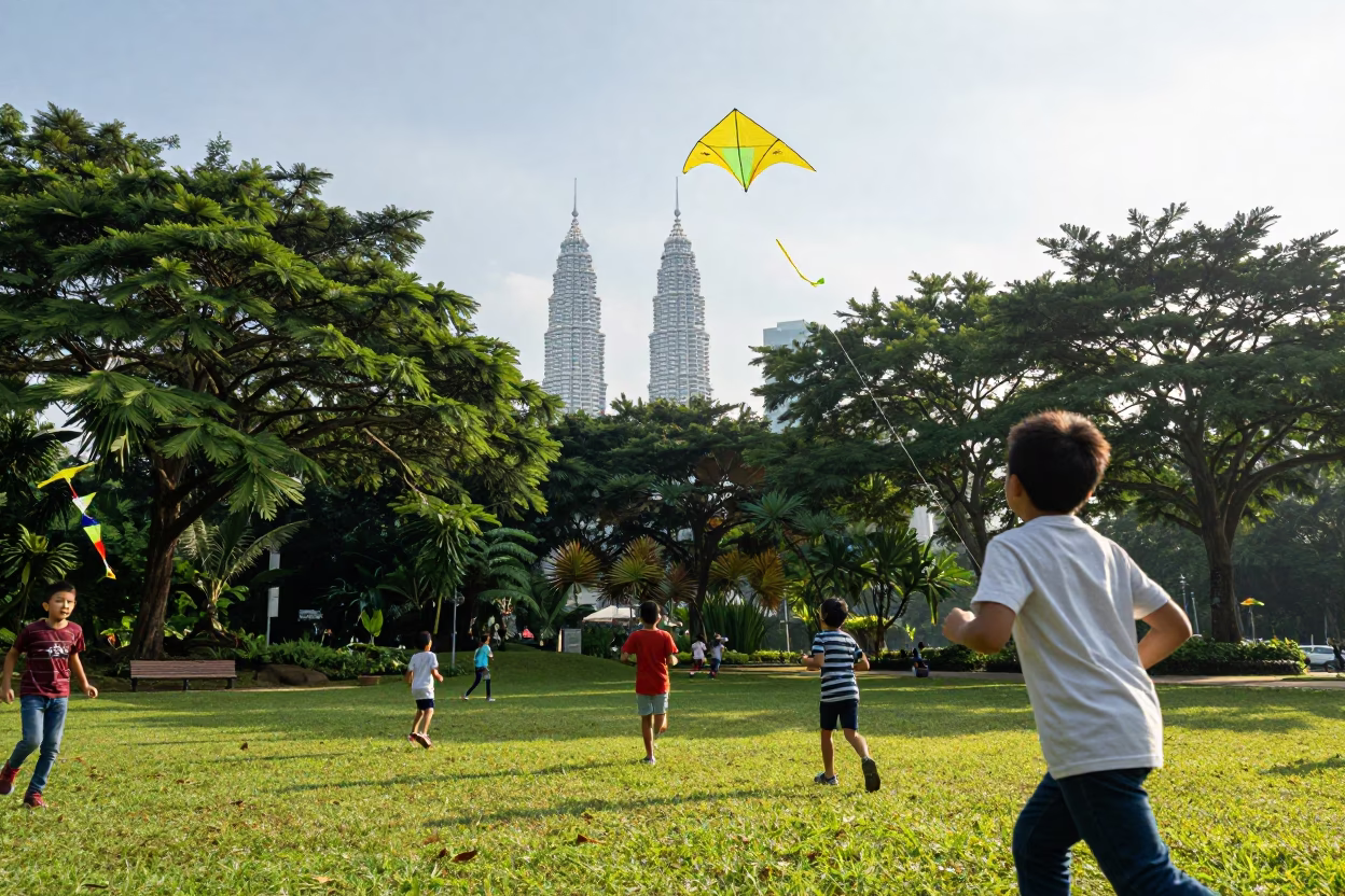 Colorful Kite Flying Scene in KL Park Late Morning Sunlight in in Kuala Lumpur, Malaysia