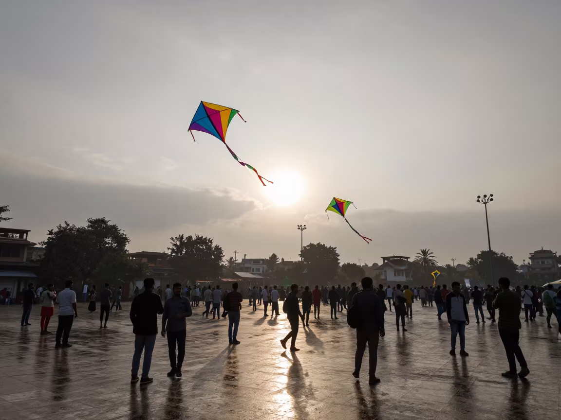 Colorful Kites Flying Over Bata Square at Sunrise in at a public square during a festival in Bata