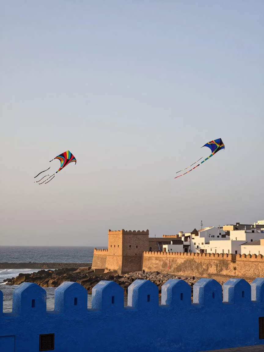 Colorful Kites Flying Over Blue Walls in Essaouira Morocco at Nautical Dawn in in Essaouira, Morocco