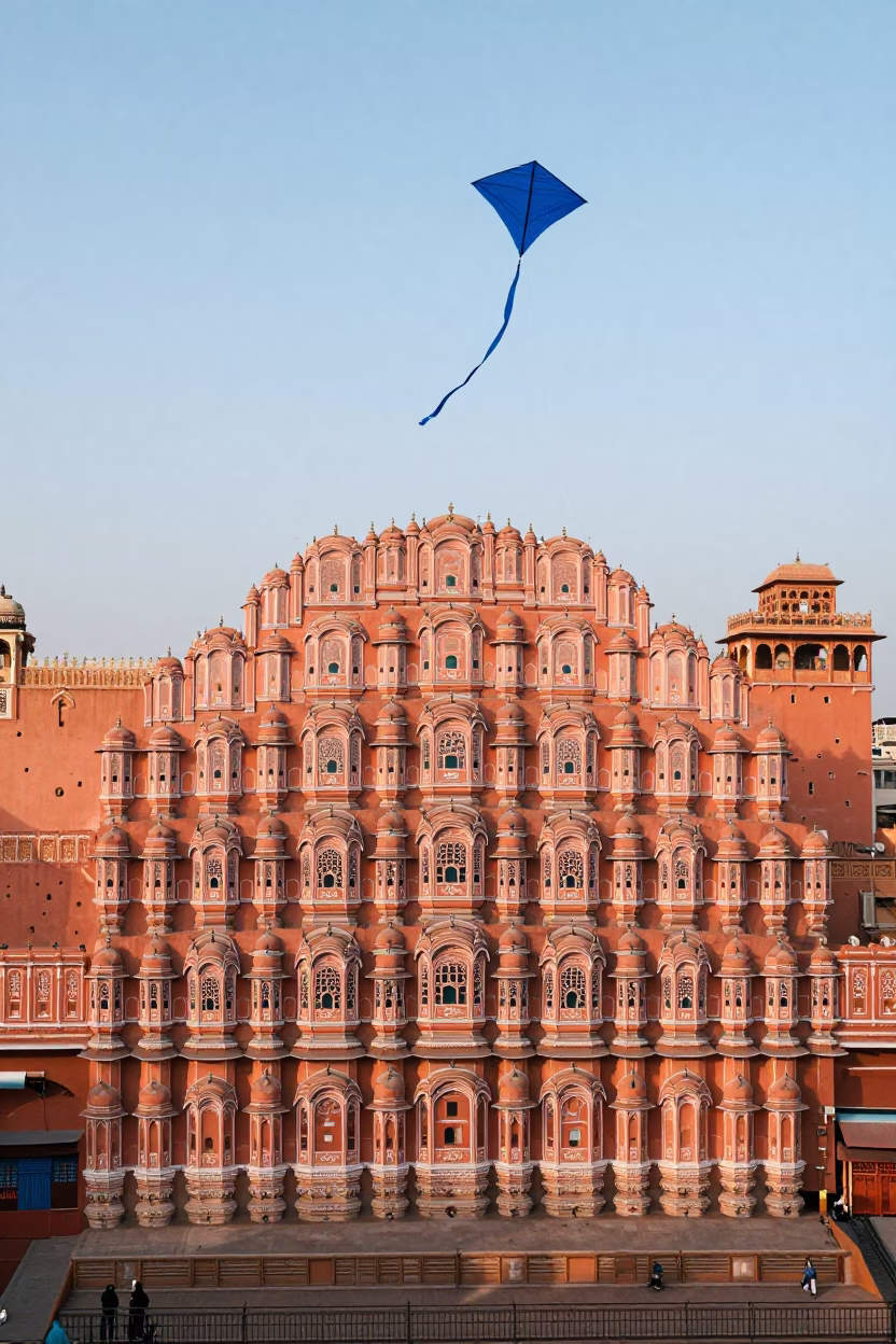 Colorful Kites Flying Over Jaipur Pink City Architecture in Honeyed Evening Light in in Jaipur, India