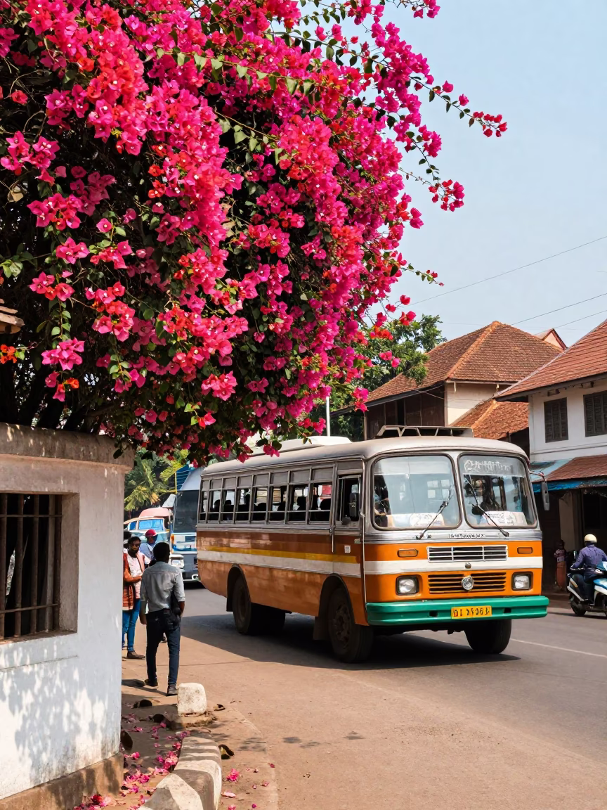 Colorful Kochi Street Scene with Bougainvillea and Traditional Bus Under Noon Sun in in Kochi, India