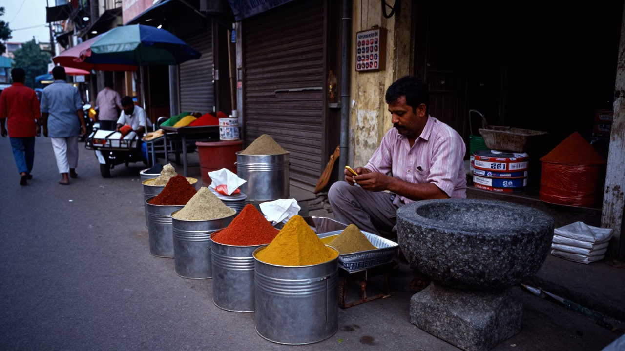 Colorful Kolkata Evening Street Scene with Spice Jars and Wooden Mortar in Busy Market in in Kolkata, India