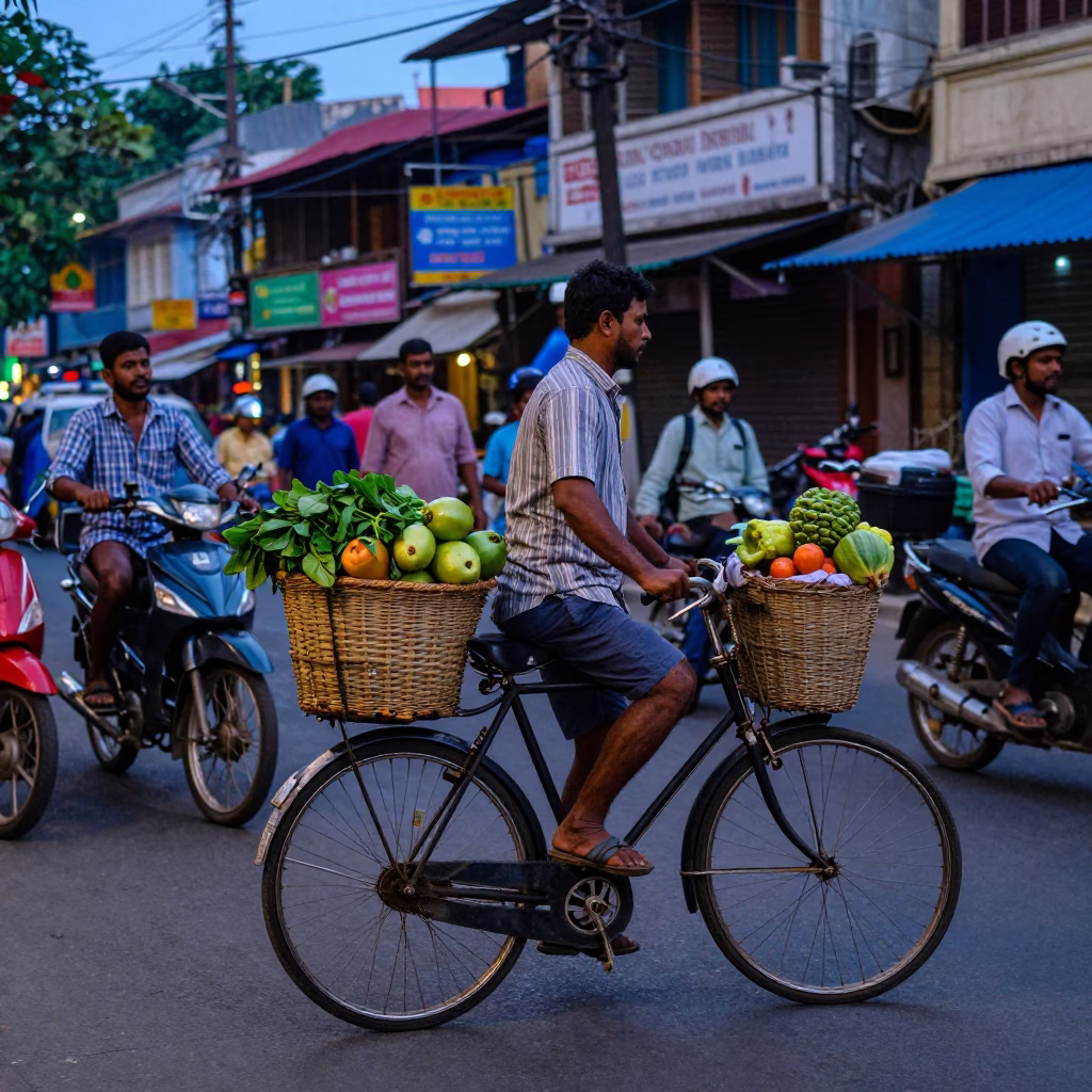 Colorful Kolkata Street Scene at Blue Hour with Bicycle Basket and Woven Mats in in Kolkata, India