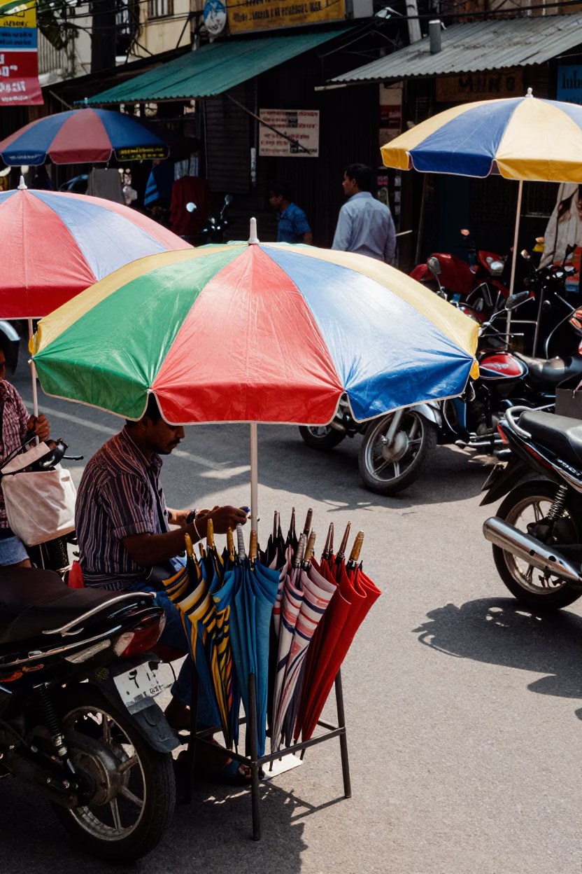Colorful Kolkata Street Scene with Umbrellas and Motorcycles Under Noon Sun in in Kolkata, India