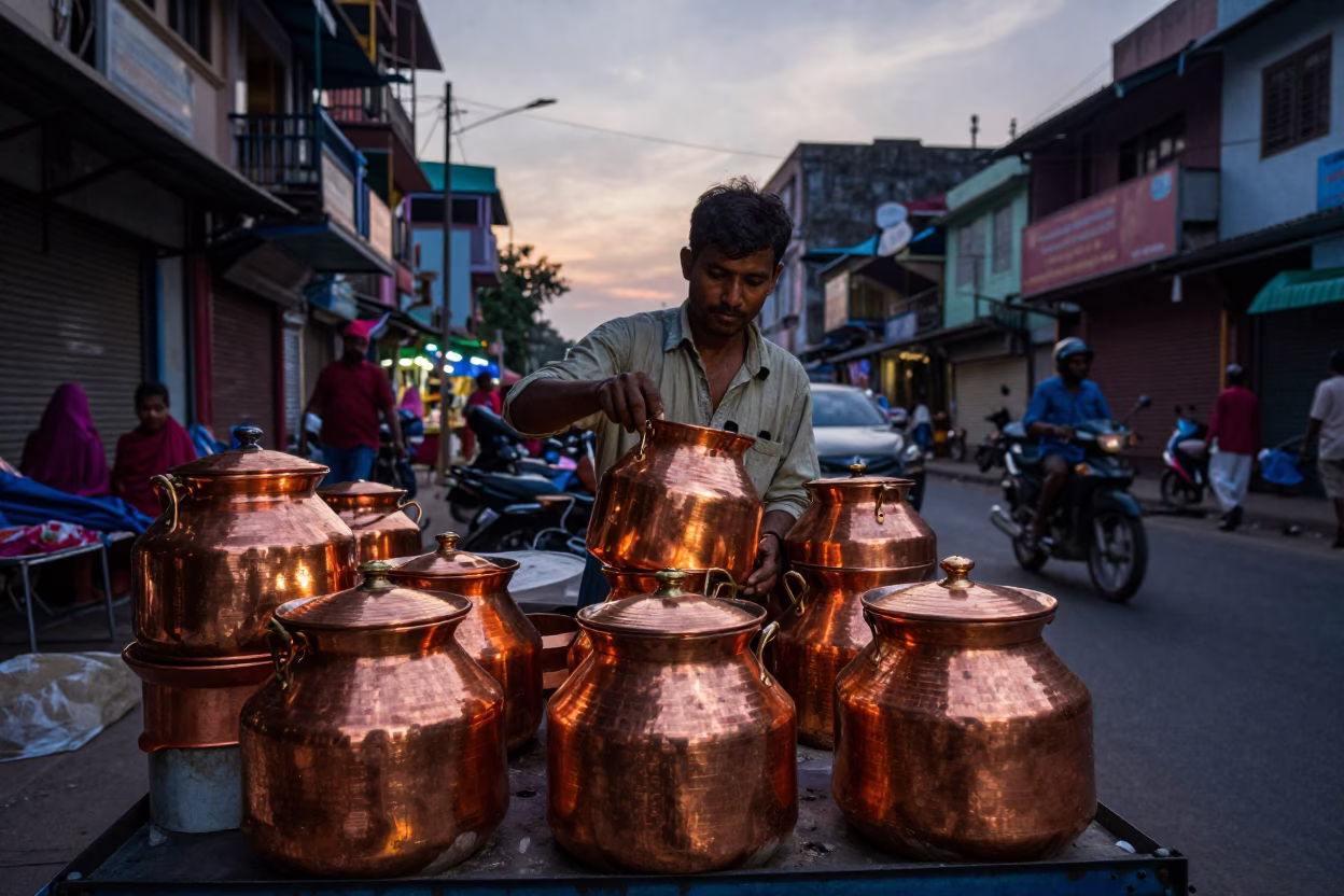 Colorful Kolkata Street Vendor Evening Scene with Copper Pots in in Kolkata, India