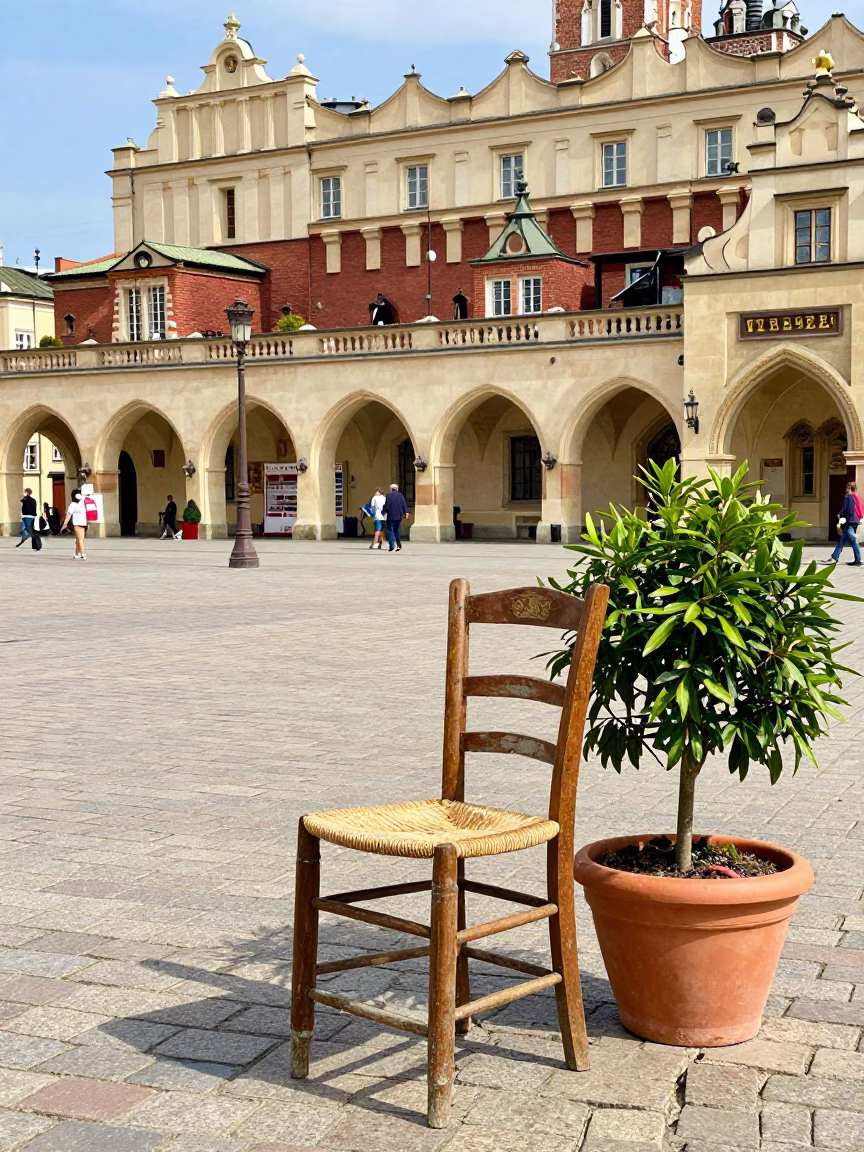 Colorful Krakow Street Scene with Ladder-Back Chair and Houseplant Under Noon Sun in in Krakow, Poland