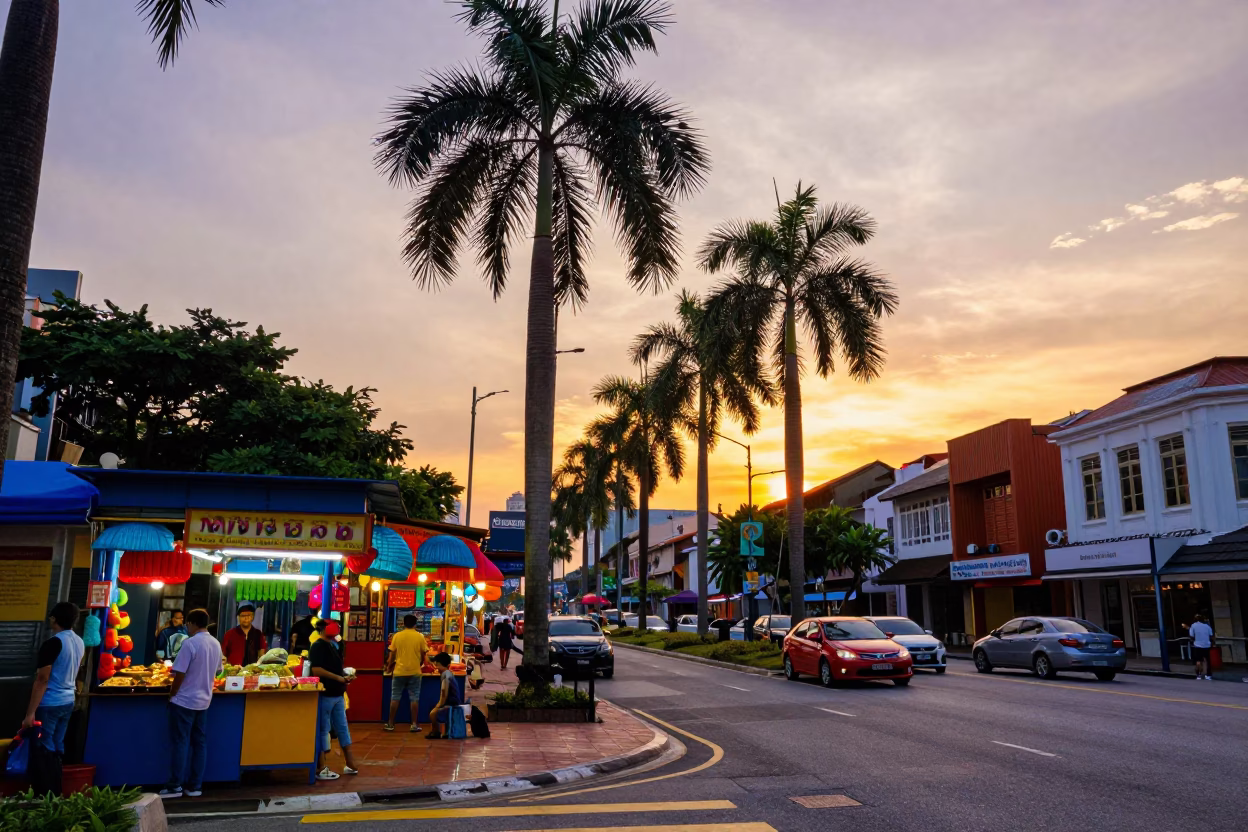 Colorful Kuala Lumpur Sunset Street Scene with Palm Trees and Local Life in in Kuala Lumpur, Malaysia