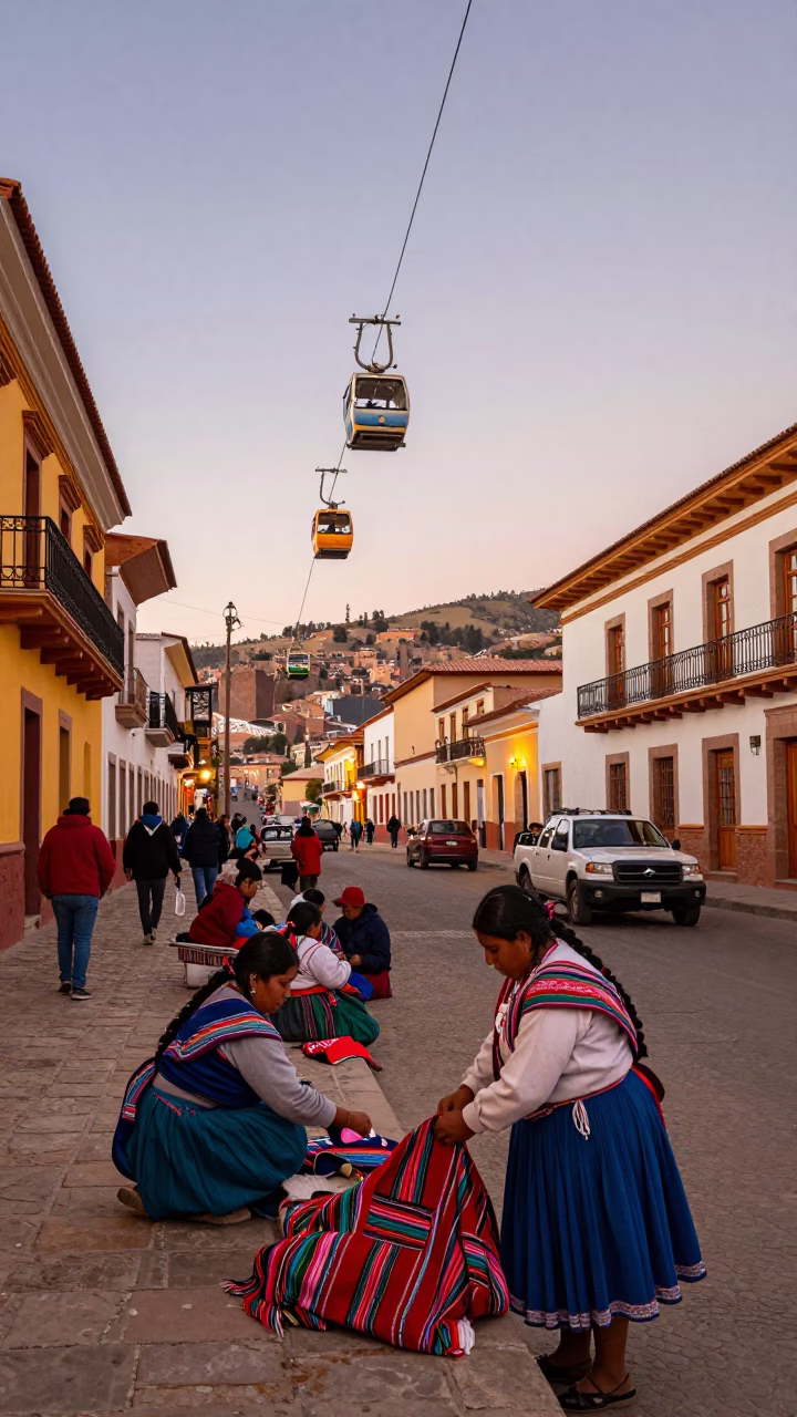 Colorful La Paz Bolivia Evening Street Scene with Gondola Lift and Local Market Activity in in La Paz, Bolivia