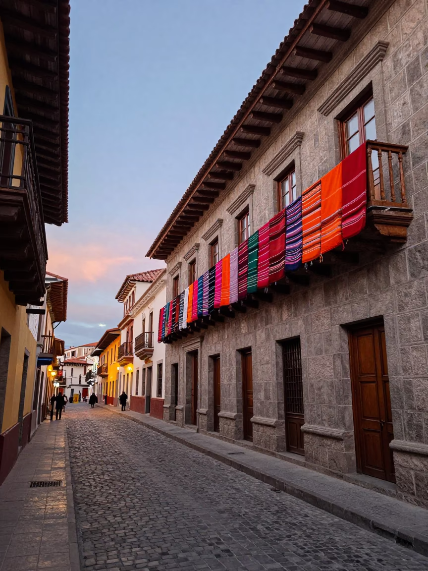 Colorful La Paz Bolivia Evening Street Scene with Traditional Textiles and Andean Architecture in in La Paz, Bolivia