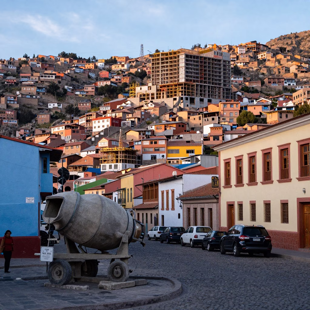 Colorful La Paz Bolivia Street Scene Late Morning with Construction and Muralist in in La Paz, Bolivia