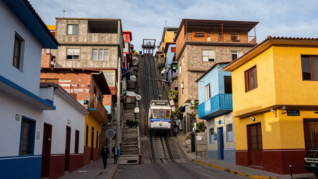 Colorful La Paz Bolivia Street Scene with Funicular Railway Amidst Steep Terraced Urban Slopes in in La Paz, Bolivia