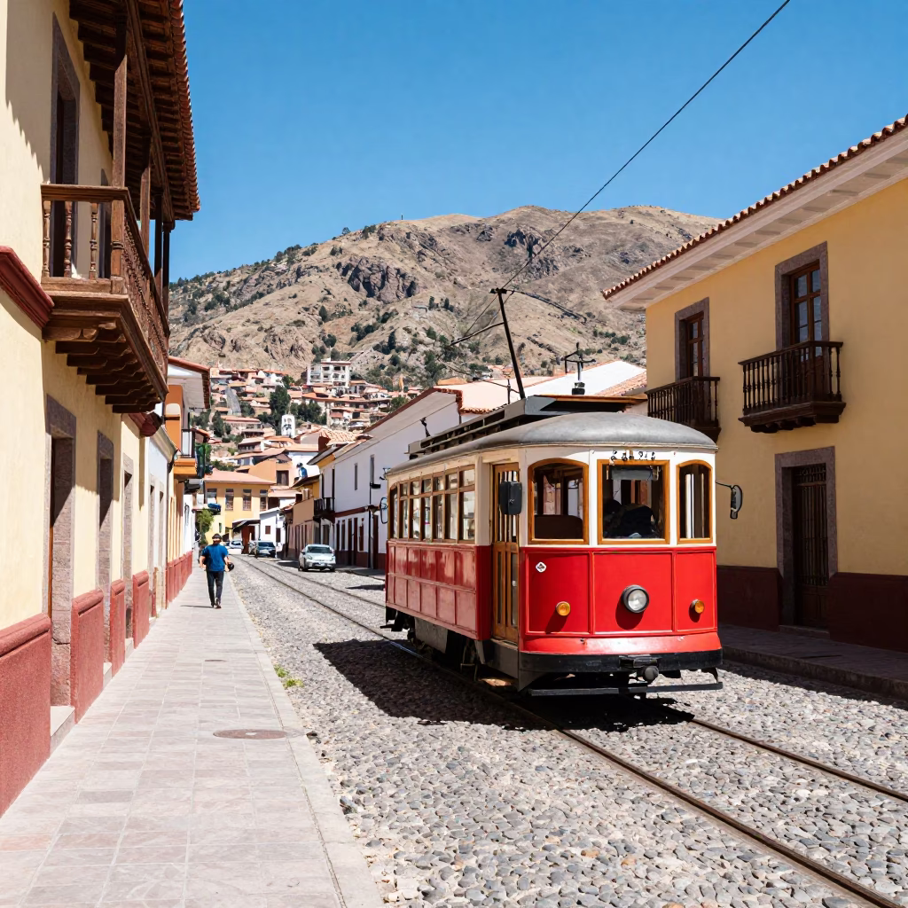 Colorful La Paz Bolivia Street Scene with Heritage Tram and Mountain Backdrop in in La Paz, Bolivia