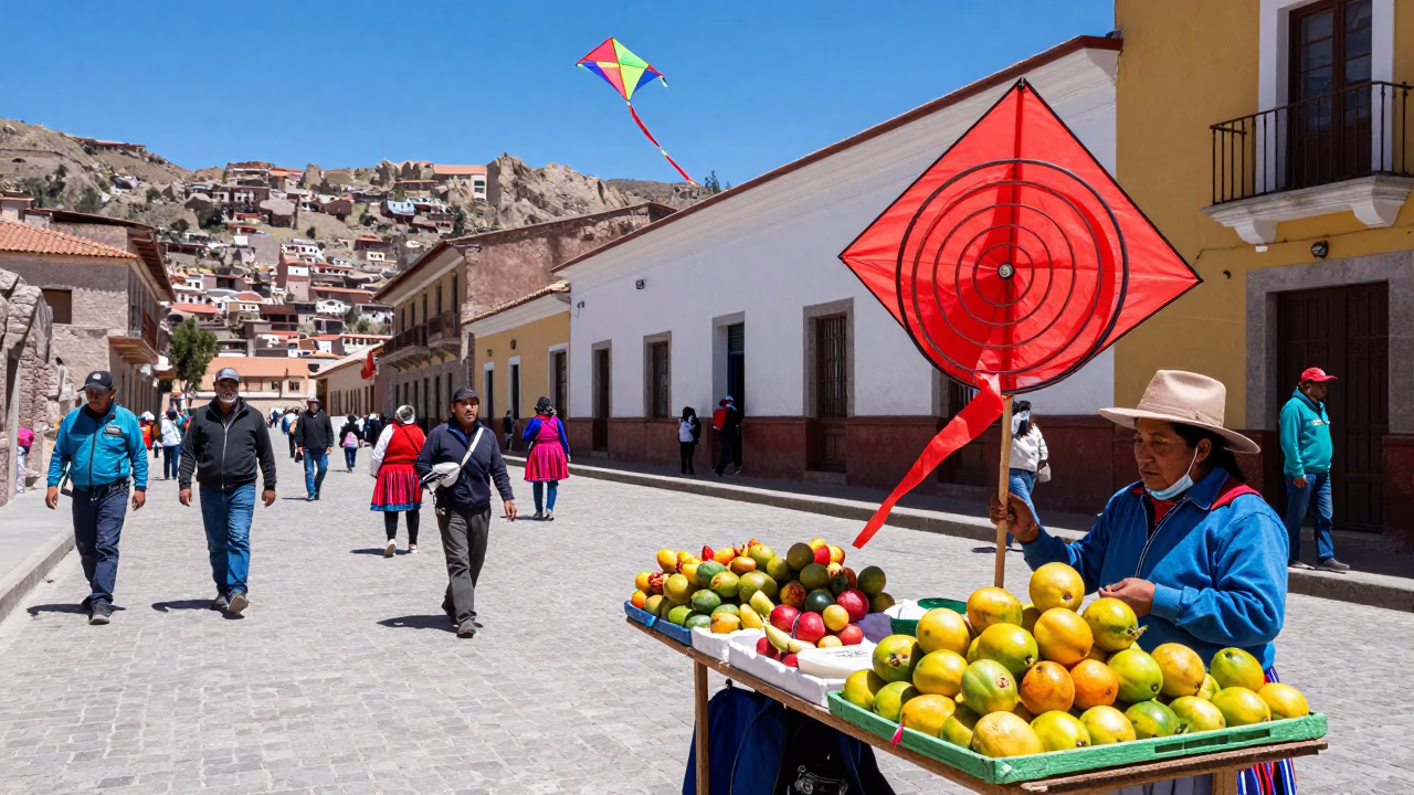 Colorful La Paz Bolivia Street Scene with Kite Reel and Fruit Knife at Midday in in La Paz, Bolivia