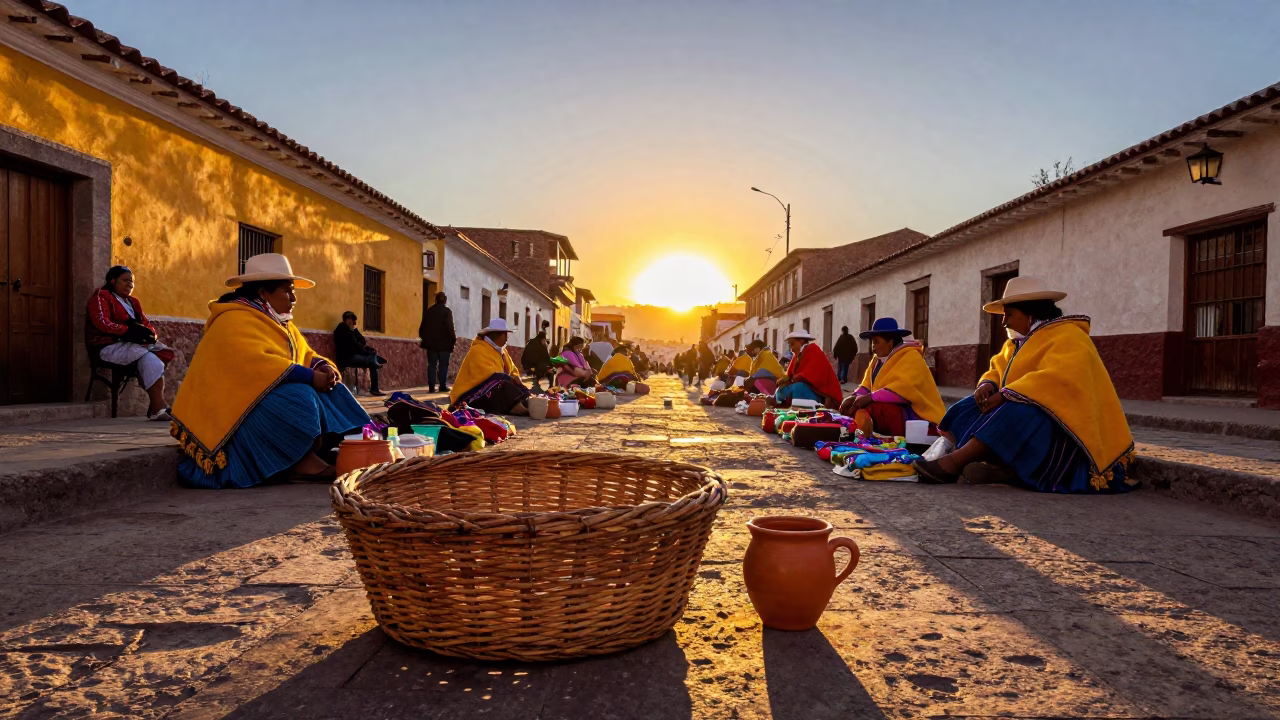 Colorful La Paz Bolivia Sunset Street Scene with Local Market Vendors and Traditional Textiles in in La Paz, Bolivia