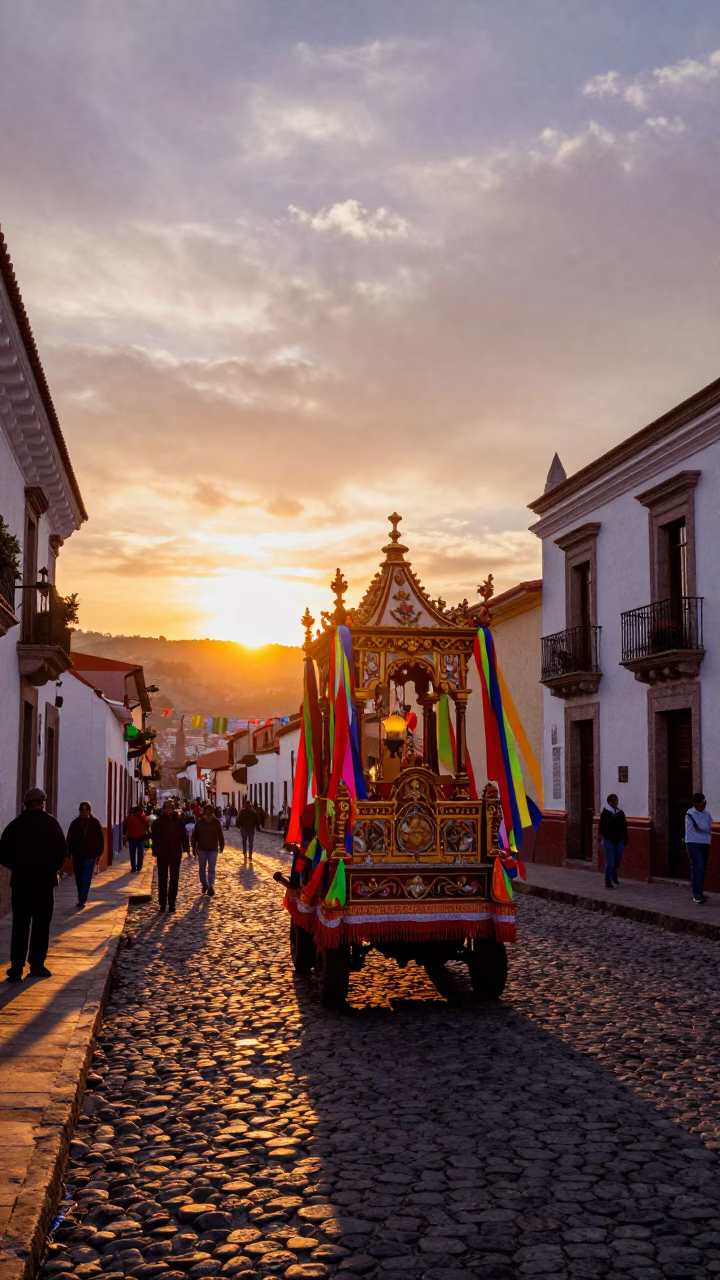 Colorful La Paz Bolivia Sunset Street Scene with Processional Float and Local Crowd in in La Paz, Bolivia