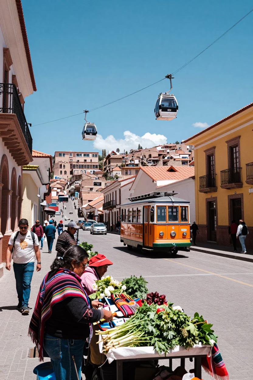 Colorful La Paz Street Scene with Cable Car and Traditional Market Goods in in La Paz, Bolivia