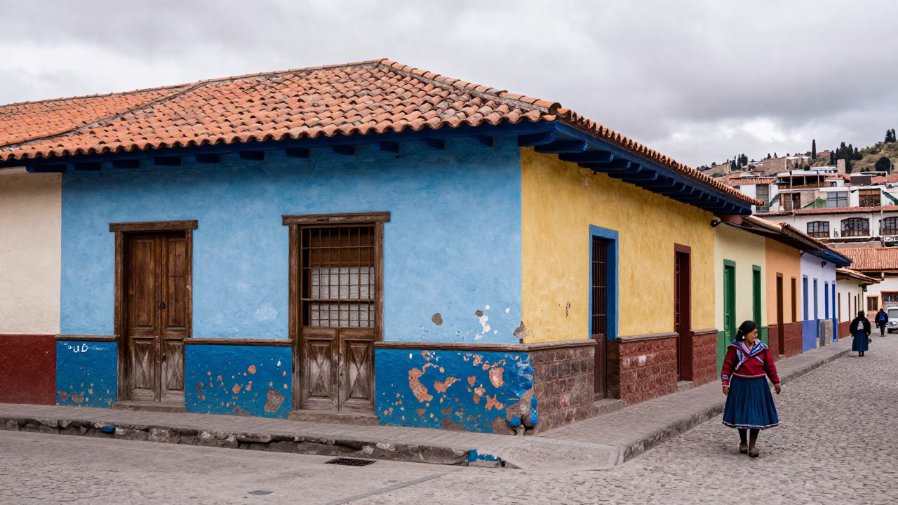 Colorful La Paz Street Scene with Scuffed Painted Wood and Small Dog in in La Paz, Bolivia