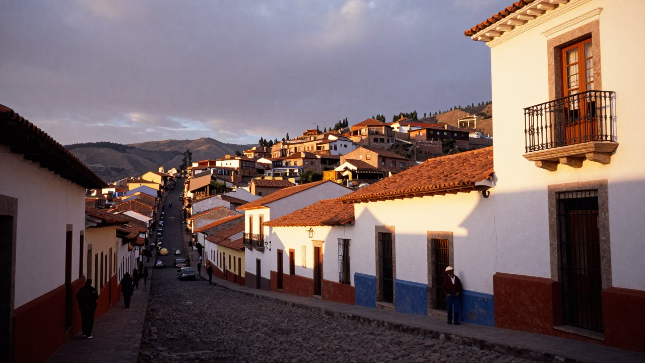 Colorful La Paz Sunset Street Scene with Arepas and Traditional Andean Architecture in in La Paz, Bolivia