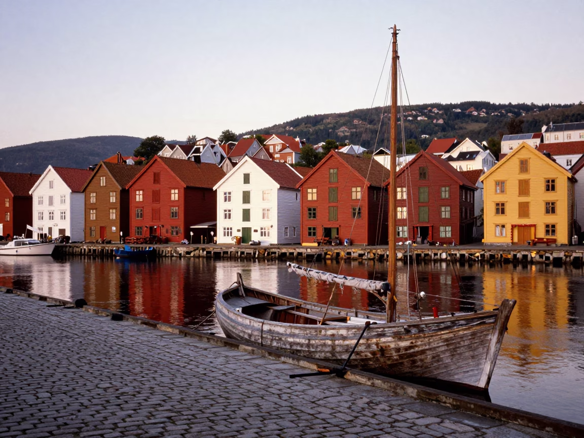 Colorful Landscape in Bergen at Nautical Dawn Light in in Bergen, Norway