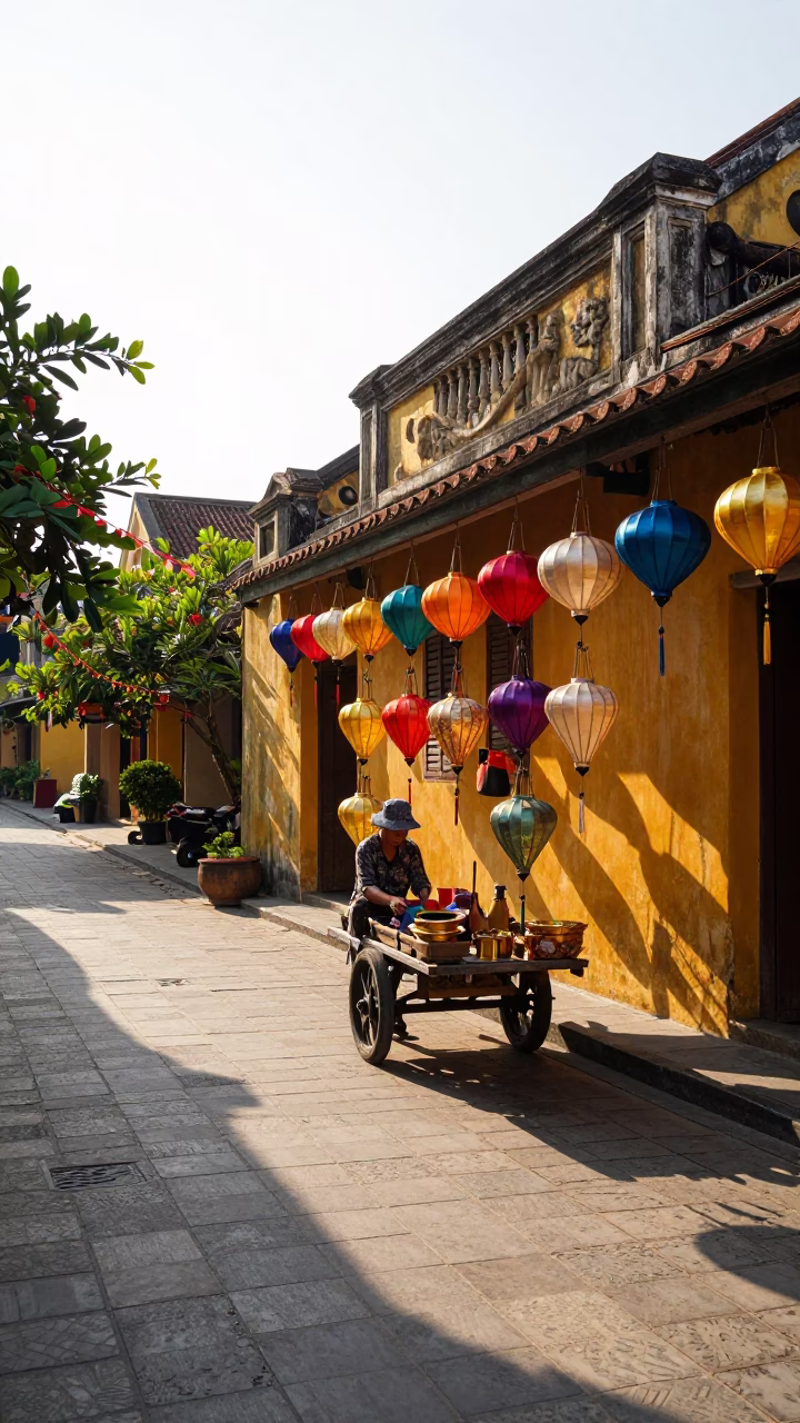 Colorful Lanterns and Cobblestone Streets in Hoi An Vietnam Late Morning in in Hoi An, Vietnam