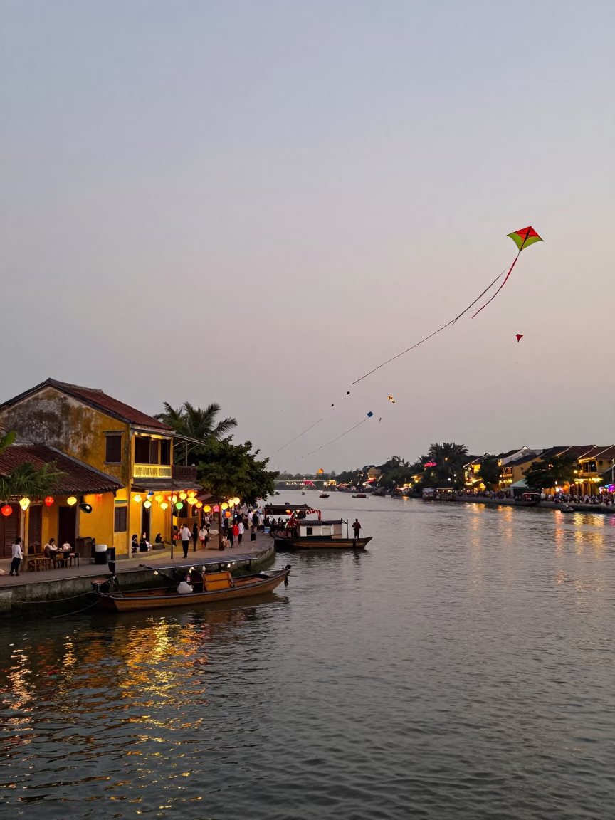 Colorful Lanterns and Kites Over Hoi An River at Dusk in in Hoi An, Vietnam