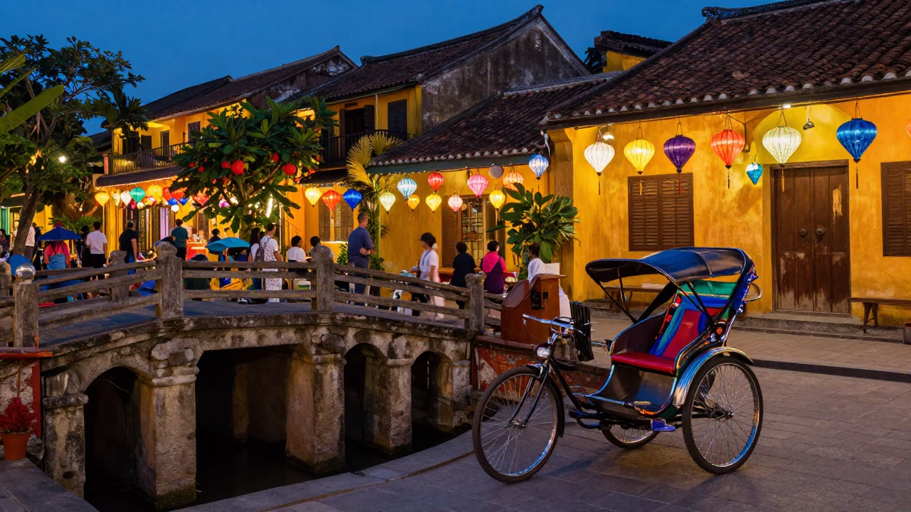Colorful Lanterns and Rickshaws in Hoi An Vietnam Evening Street Scene in in Hoi An, Vietnam