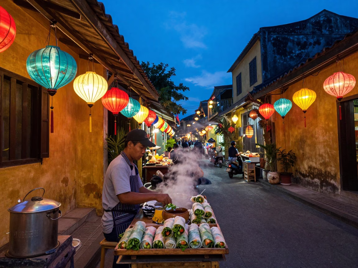 Colorful Lanterns and Street Food in Hoi An Vietnam at Blue Hour in in Hoi An, Vietnam