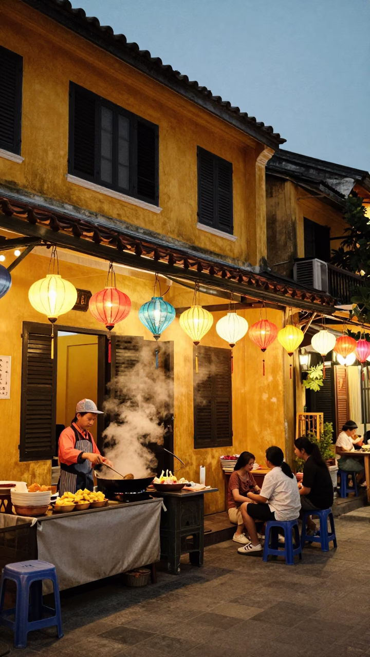 Colorful Lanterns and Street Food in Hoi An Vietnam at Dusk in in Hoi An, Vietnam