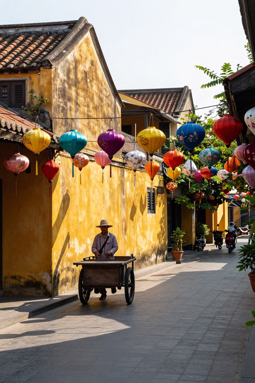 Colorful Lanterns and Yellow Walls in Hoi An Vietnam Early Afternoon Street Scene in in Hoi An, Vietnam