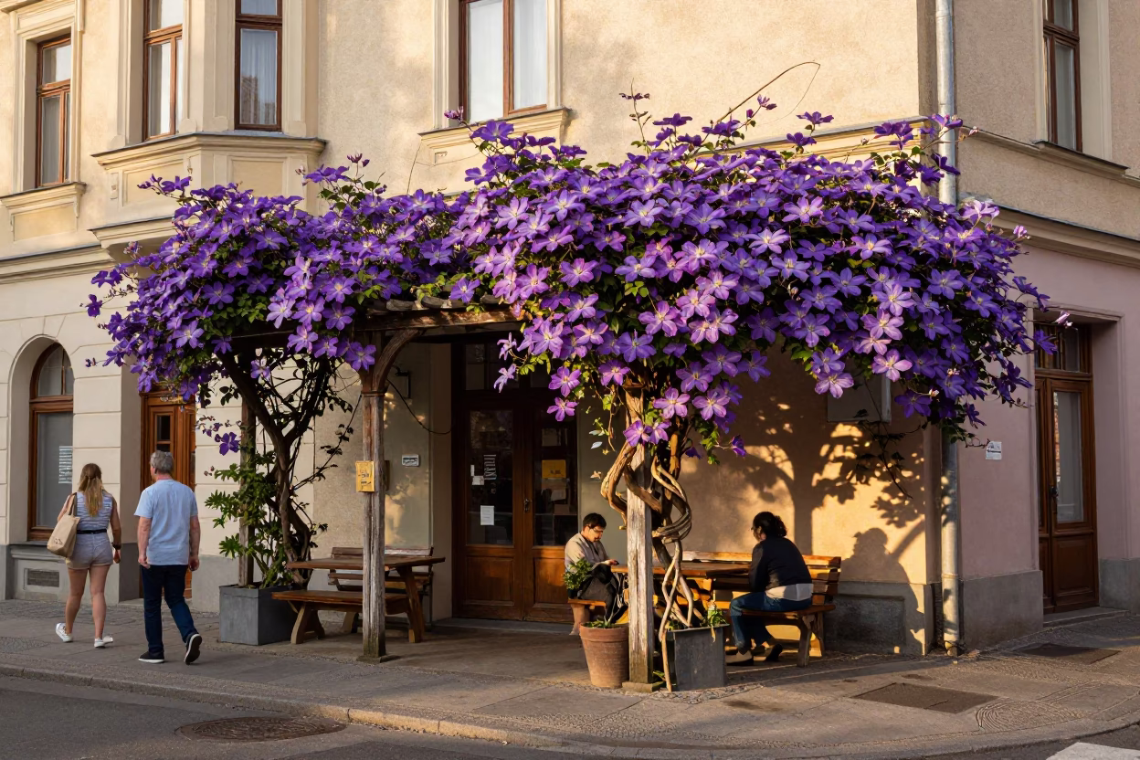 Colorful Late Afternoon Berlin Street Scene with Purple Clematis and Fruit Vendor in in Berlin, Germany