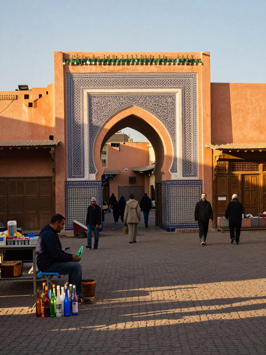 Colorful Late Afternoon Marrakech Street Scene with Glass Bottles and Traditional Architecture in in Marrakech, Morocco