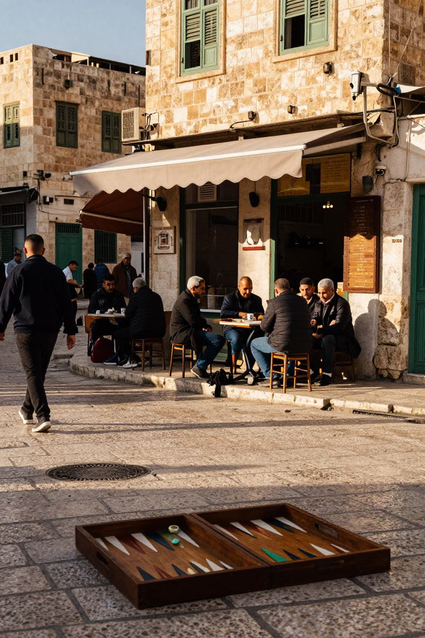 Colorful Late Afternoon Street Scene in Amman Jordan with Traditional Backgammon Game in in Amman, Jordan