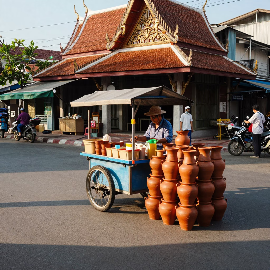 Colorful Late Afternoon Street Scene in Bangkok Thailand with Traditional Clay Pot and Pomegranate in in Bangkok, Thailand