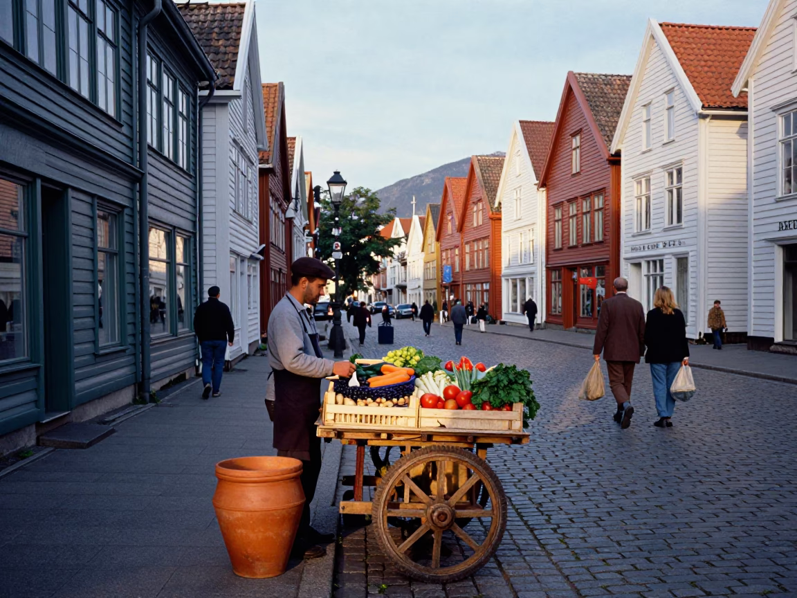 Colorful Late Afternoon Street Scene in Bergen Norway with Terracotta Pot and Tin Box in in Bergen, Norway