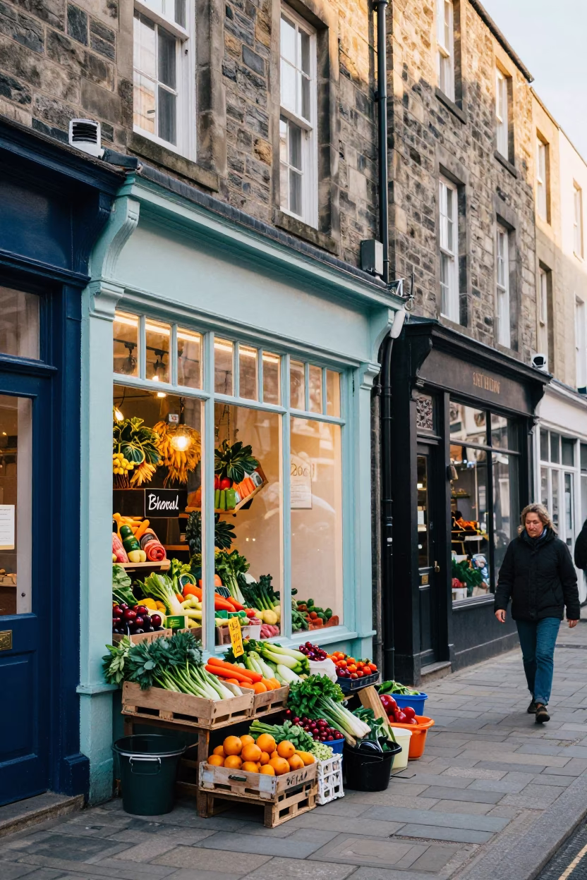 Colorful Late Afternoon Street Scene in Bristol United Kingdom with Vintage Enamel Pitcher in in Bristol, United Kingdom