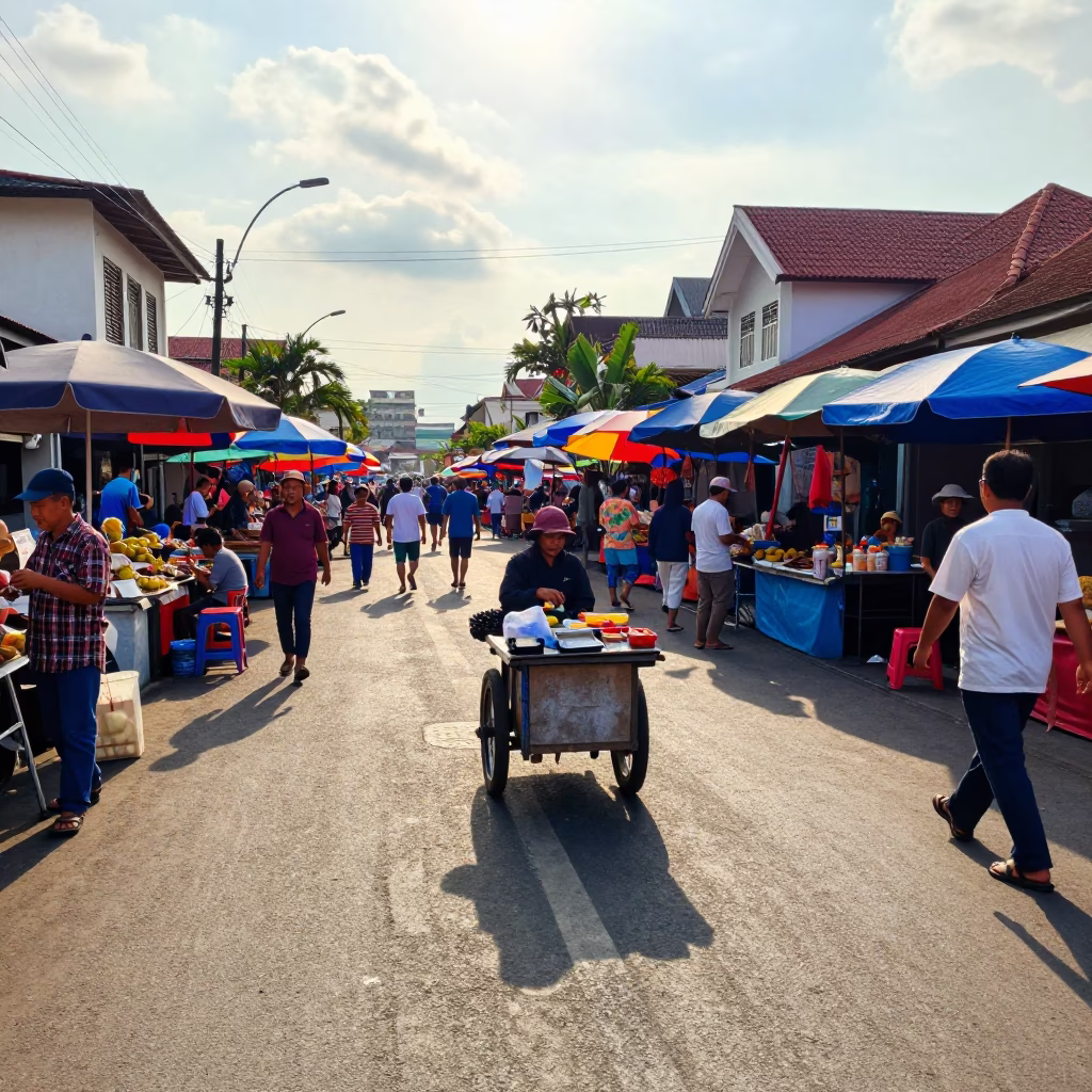 Colorful Late Afternoon Street Scene in Denpasar Indonesia with Local Market Activity in in Denpasar, Indonesia