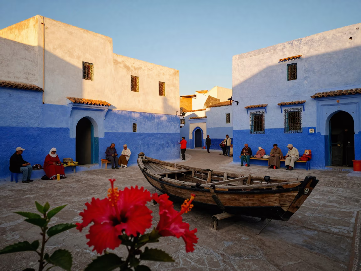 Colorful Late Afternoon Street Scene in Essaouira Morocco with Wooden Fishing Boats in in Essaouira, Morocco