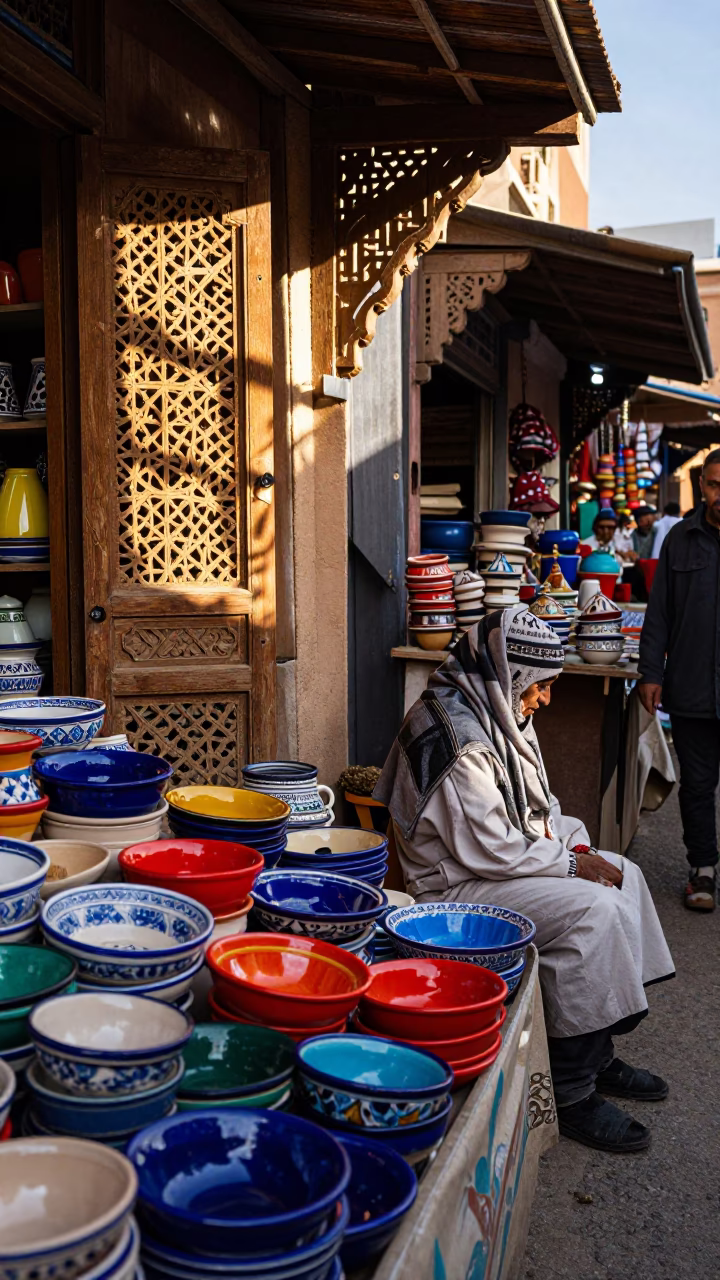 Colorful Late Afternoon Street Scene in Fez Morocco with Ceramic Bowl and Brass Tray in in Fez, Morocco