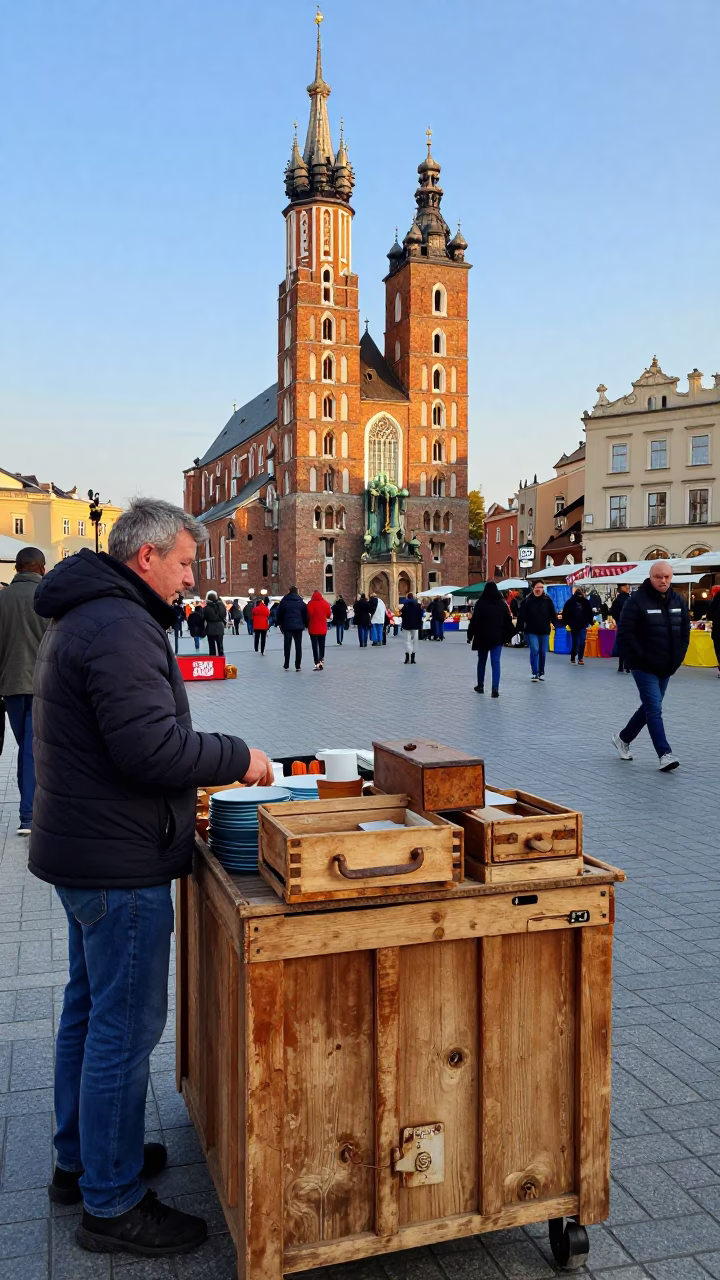 Colorful Late Afternoon Street Scene in Krakow Poland with Local Market Details in in Krakow, Poland
