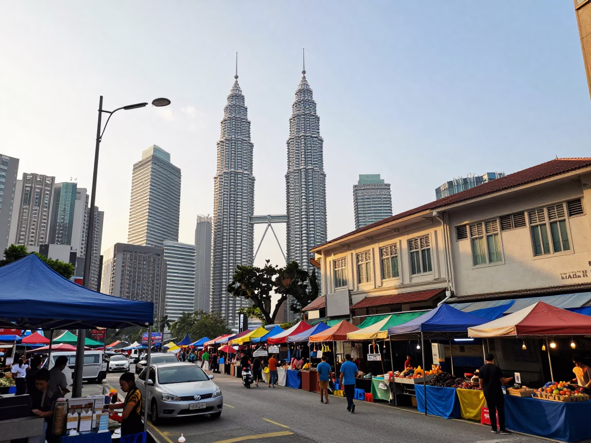Colorful Late Afternoon Street Scene in Kuala Lumpur Malaysia with Market Stalls and Pedestrians in in Kuala Lumpur, Malaysia