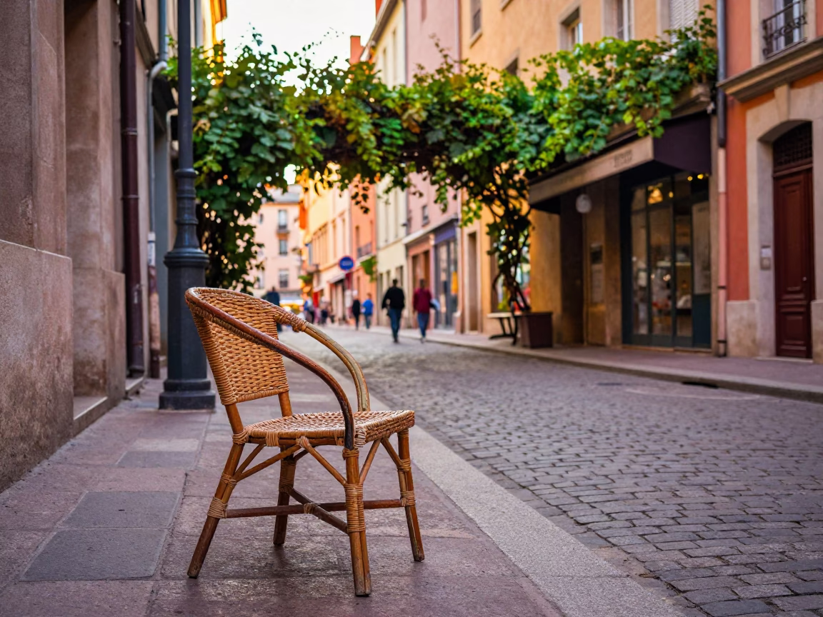 Colorful Late Afternoon Street Scene in Lyon France with Vine and Rattan Chair in in Lyon, France