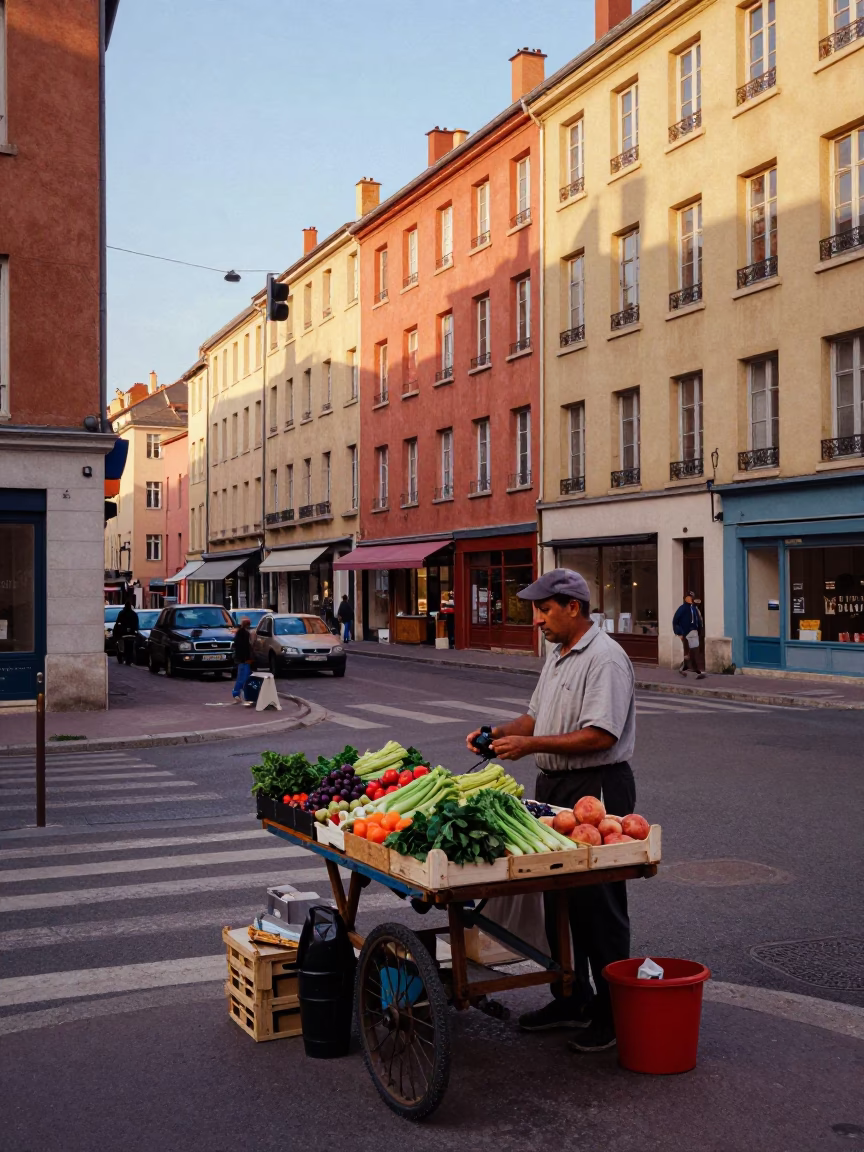 Colorful Late Afternoon Street Scene in Lyon France with Vintage 1990s Aesthetic in in Lyon, France