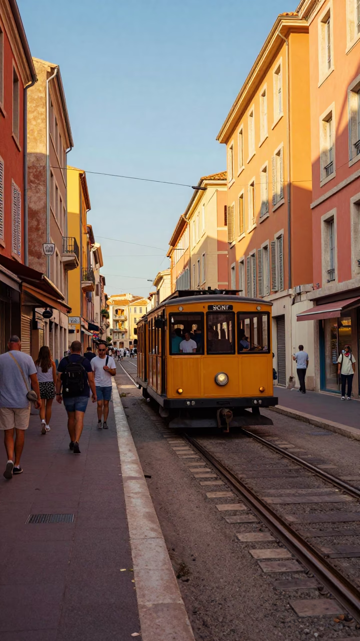 Colorful Late Afternoon Street Scene in Marseille France with Narrow Gauge Train in in Marseille, France