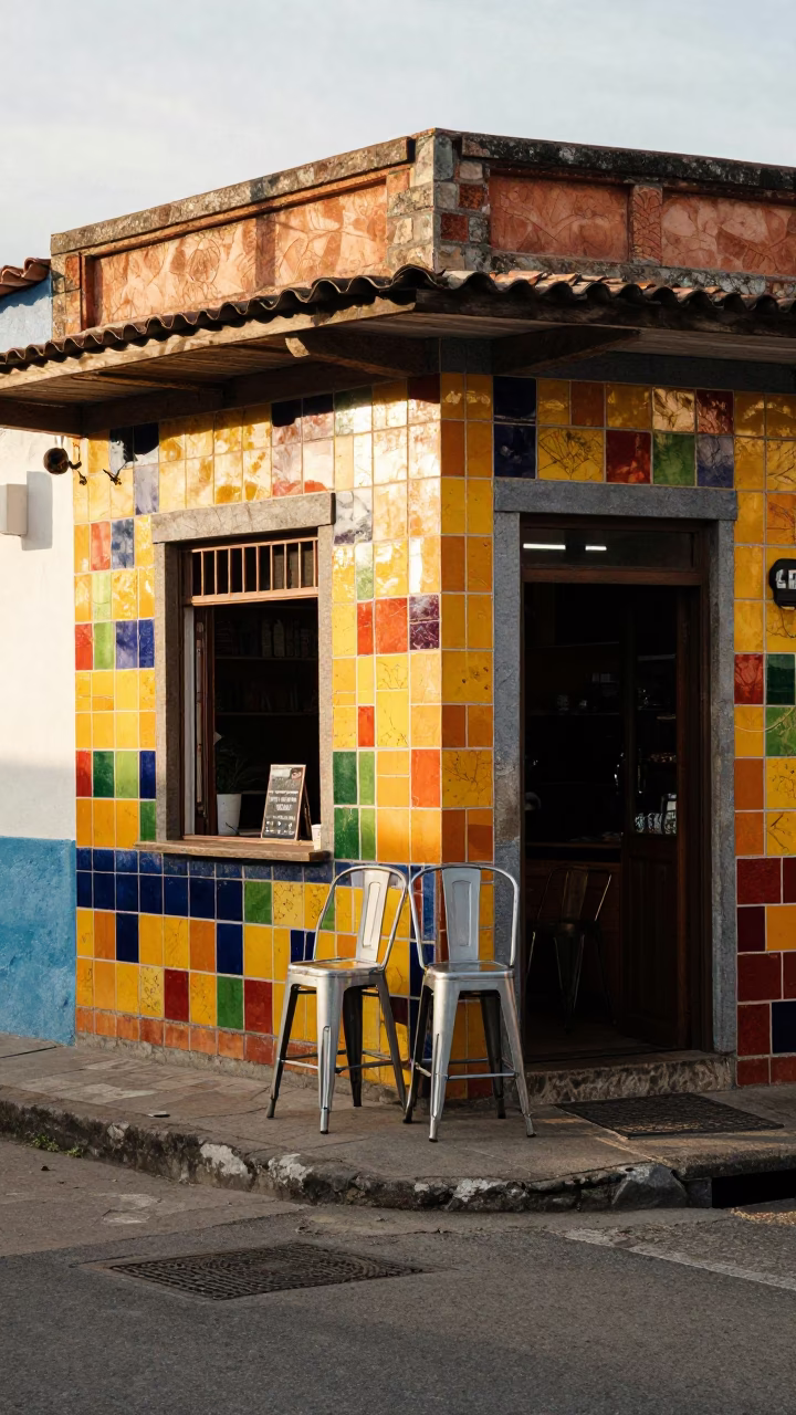Colorful Late Afternoon Street Scene in Medellin Colombia with Metal Stools and Bicycle Basket in in Medellin, Colombia