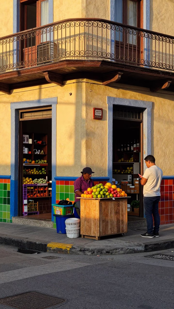 Colorful Late Afternoon Street Scene in Medellin Colombia with Vintage Objects in in Medellin, Colombia