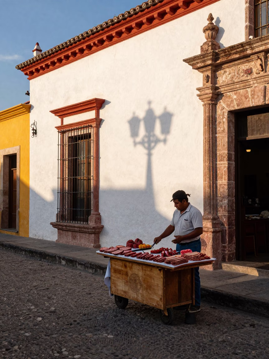 Colorful Late Afternoon Street Scene in Merida Mexico with Traditional Market Goods in in Merida, Mexico