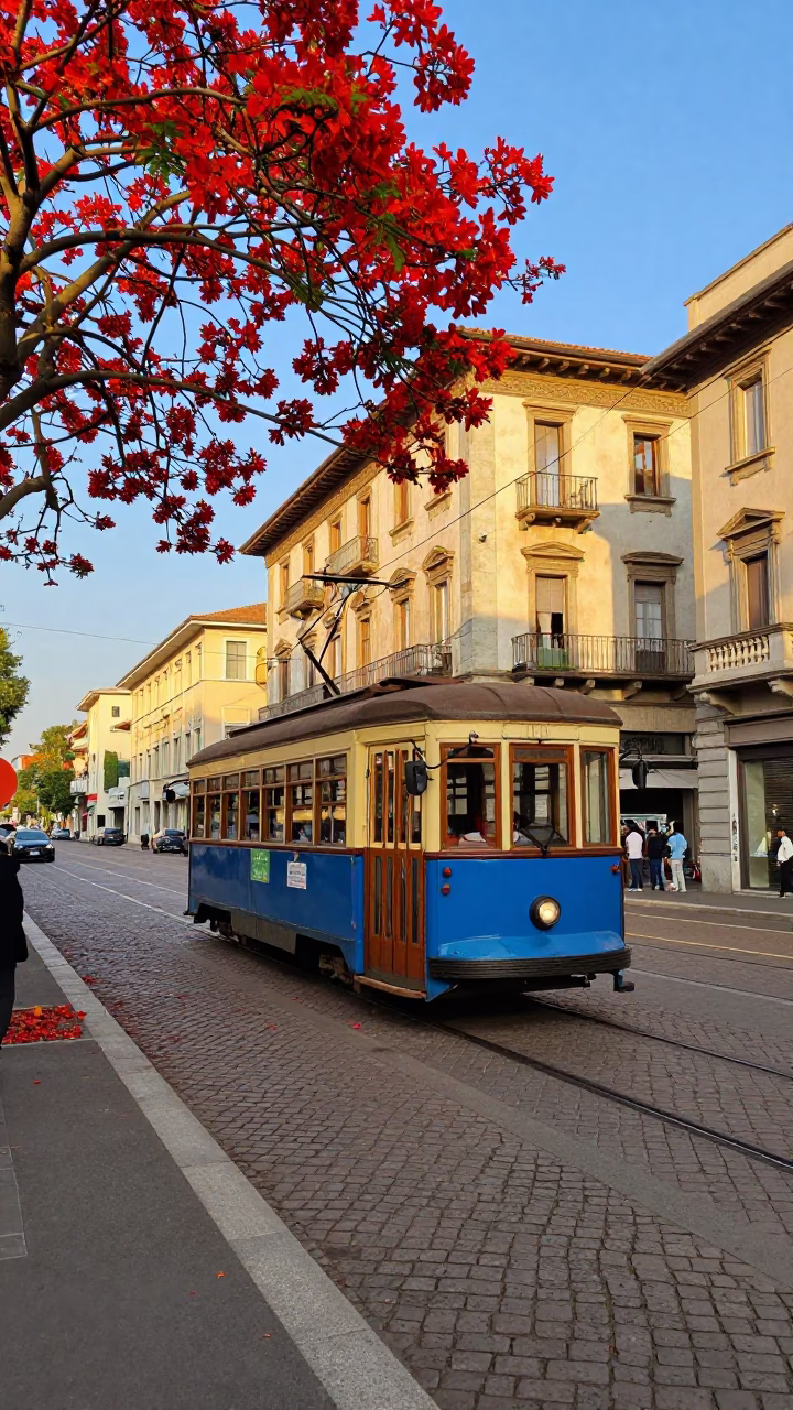 Colorful Late Afternoon Street Scene in Milan Italy with Vintage Trolley and Summer Bloom in in Milan, Italy